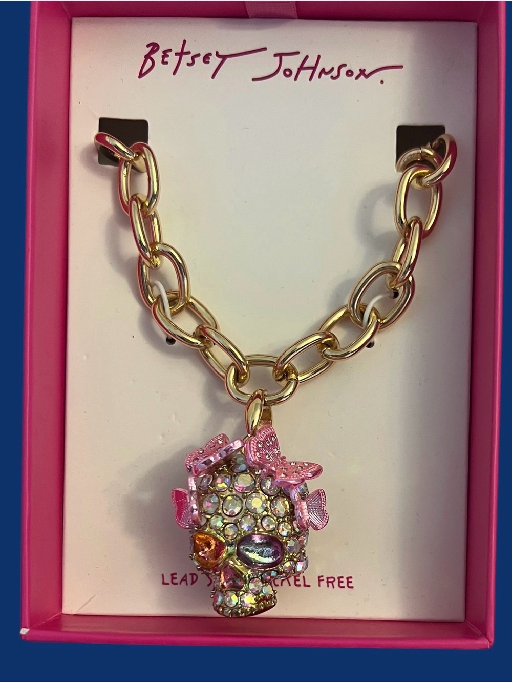 Betsey Johnson Gold-Tone Chain Necklace with Pink Crystal Skull and Bow Accents